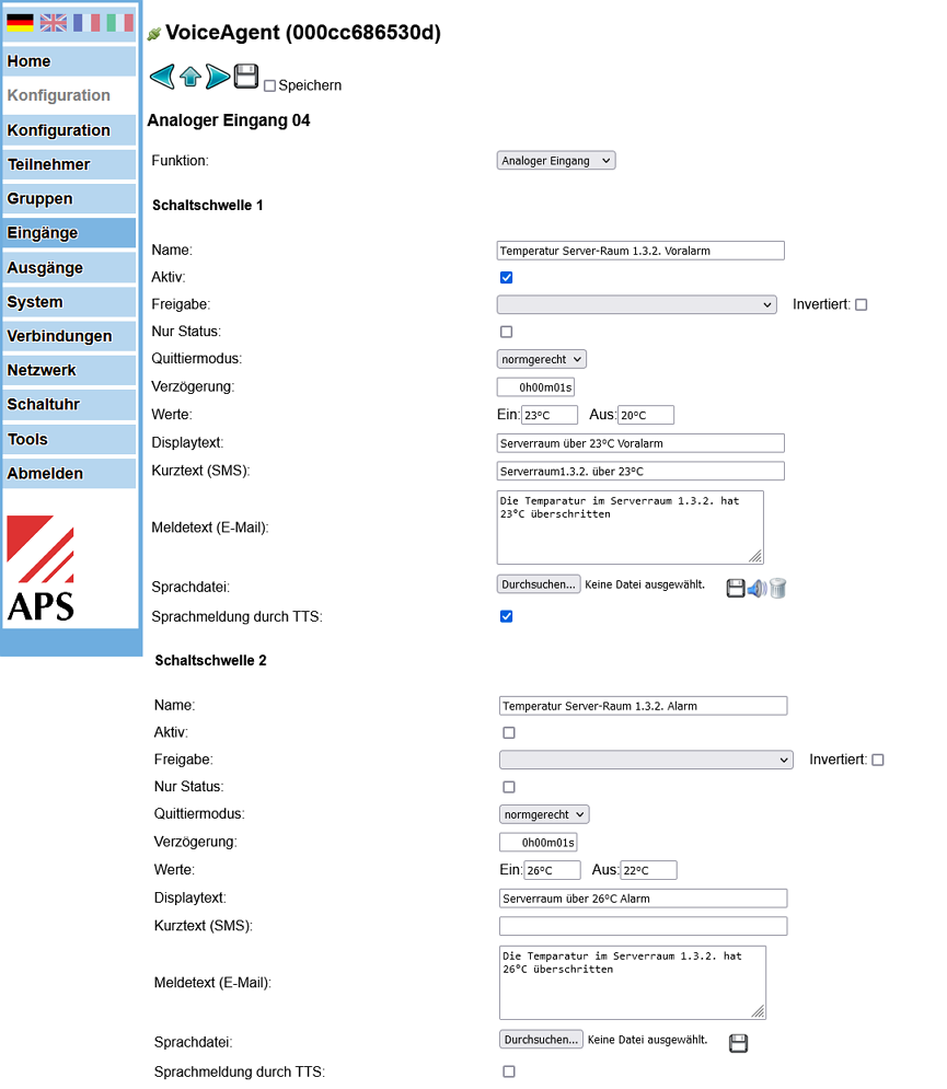 Ansicht Programmierung VOICE agent